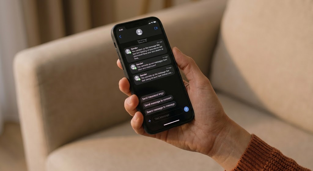 A detailed close-up of a female hand, consistent with the new woman, anxiously clutching a smartphone; multiple unsent text drafts are visible on the illuminated screen, illustrating digital communication anxiety.