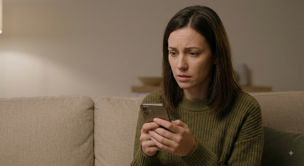 A woman looking anxiously at her smartphone screen while sitting alone on a couch.