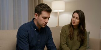 A man sitting slightly turned away on a living room sofa absorbed in thought while his female partner looks toward him with subtle confusion, illustrating sudden emotional distance in a relationship.