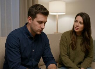 A man sitting slightly turned away on a living room sofa absorbed in thought while his female partner looks toward him with subtle confusion, illustrating sudden emotional distance in a relationship.