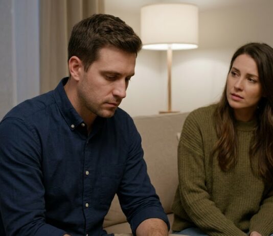 A man sitting slightly turned away on a living room sofa absorbed in thought while his female partner looks toward him with subtle confusion, illustrating sudden emotional distance in a relationship.