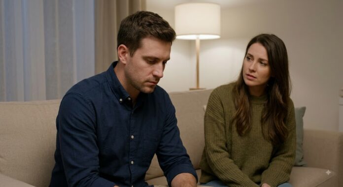 A man sitting slightly turned away on a living room sofa absorbed in thought while his female partner looks toward him with subtle confusion, illustrating sudden emotional distance in a relationship.