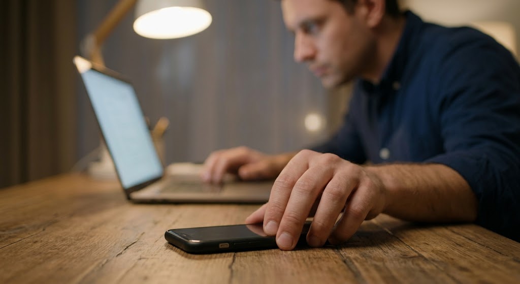 A man putting his phone face down on a desk, illustrating a natural shift in texting focus toward work and routine.