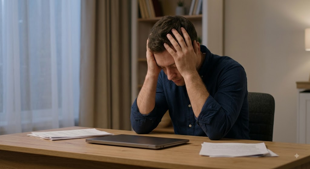 man looking stressed with his head in his hands, illustrating personal or work overwhelm as a cause for sudden relationship distance.