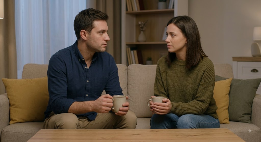 A man and woman sitting across from each other with coffee cups, having a calm and supportive discussion.