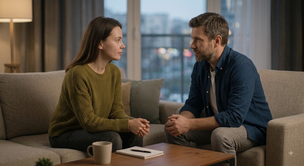 A mature couple sitting opposite each other, making focused eye contact during a calm, constructive conversation about their relationship, representing an attempt to reconnect.