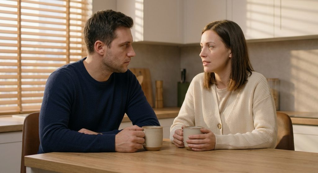 A couple sitting face-to-face at a warm kitchen table having an open, grounded conversation.