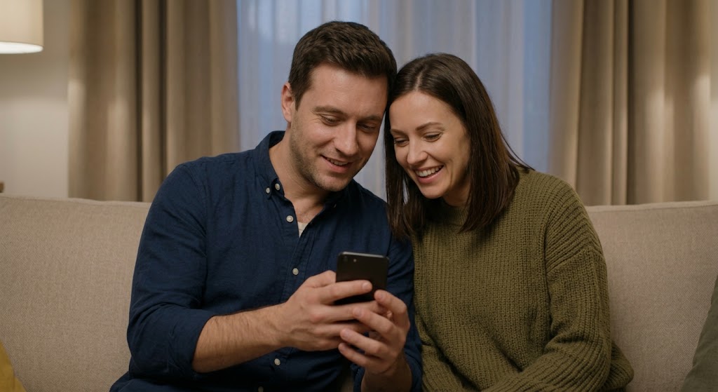 A couple sitting close on a couch sharing a lighthearted moment over a phone screen.