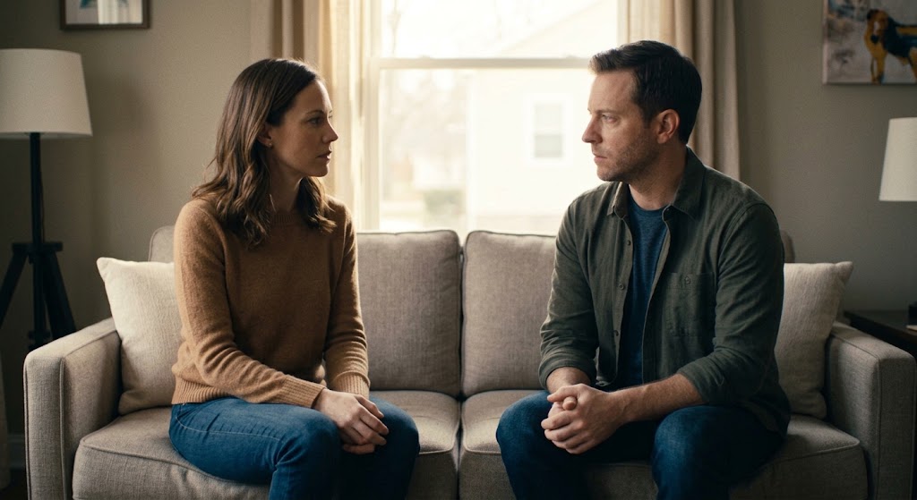A couple sitting across from each other on a sofa, engaged in a serious and honest discussion.
