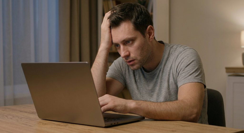 A man at a desk running a hand through his hair while looking at a laptop screen, illustrating outside stress and emotional fatigue.