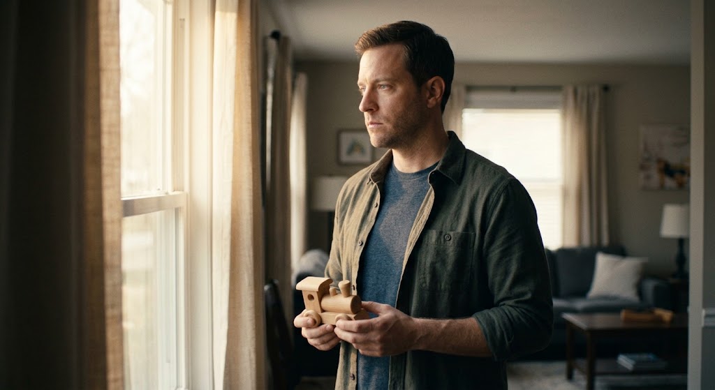 A father looking out a window while holding a child's toy, depicting the internal struggle of family commitment.