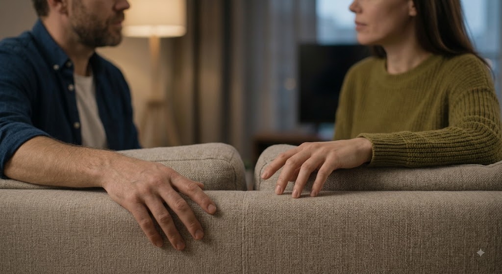 A close-up photograph capturing a couple's hands sitting slightly apart on a sofa in warm evening light, illustrating a lack of non-sexual touch.