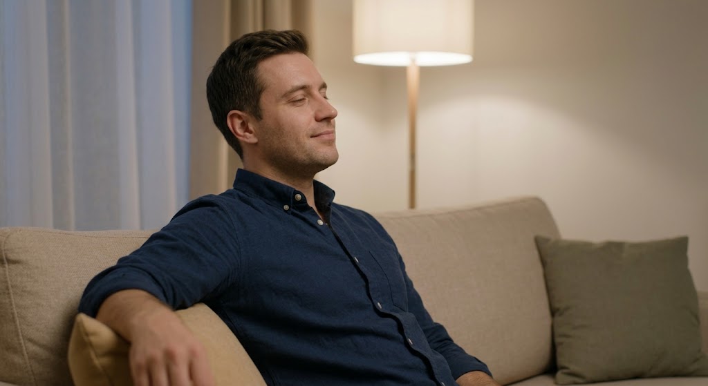 A man relaxing on a sofa without looking at his phone, illustrating texting fatigue and off-screen downtime.