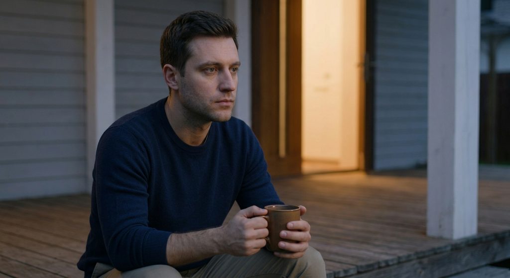 A man sitting alone on a porch at dusk with a warm mug, reflecting after an emotionally intense moment.