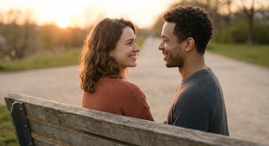 The new couple sharing a warm, intense connection outdoors during a golden sunset walk, illustrating the closeness that can trigger an anxious pullback.