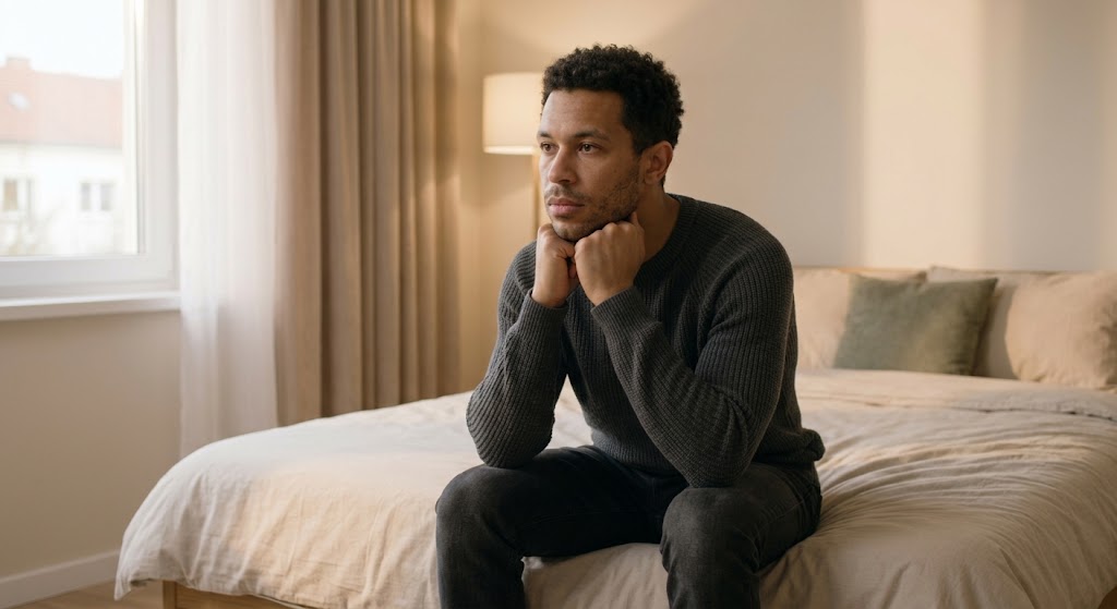 The man with short curly dark hair and a charcoal sweater, sitting on the edge of a bed, looking reflective and slightly overwhelmed by fast-moving relationship dynamics.