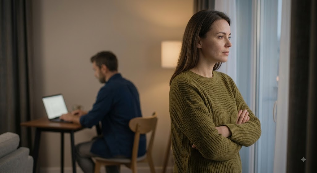 A thoughtful woman in an olive sweater standing alone by a window, while her male partner remains distant and focused on a laptop in the blurred background.