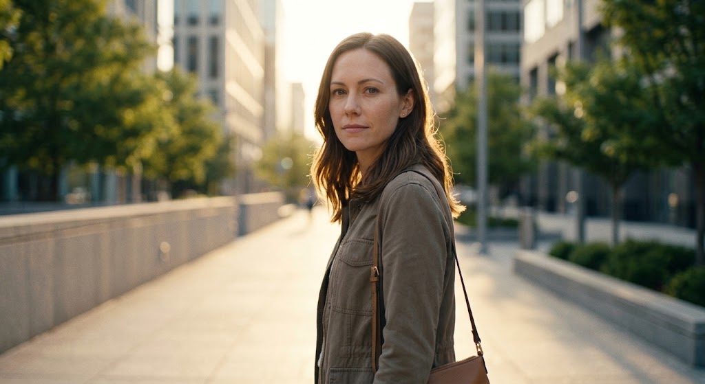 A person walking outdoors in soft morning light, representing clarity and self-reliance.