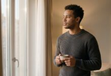 A man with short curly dark hair and a charcoal sweater standing near a window, holding a coffee cup and looking out with a pensive, reflective expression during warm late afternoon light.