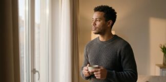 A man with short curly dark hair and a charcoal sweater standing near a window, holding a coffee cup and looking out with a pensive, reflective expression during warm late afternoon light.