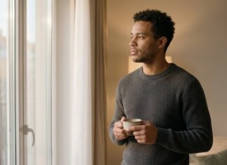 A man with short curly dark hair and a charcoal sweater standing near a window, holding a coffee cup and looking out with a pensive, reflective expression during warm late afternoon light.