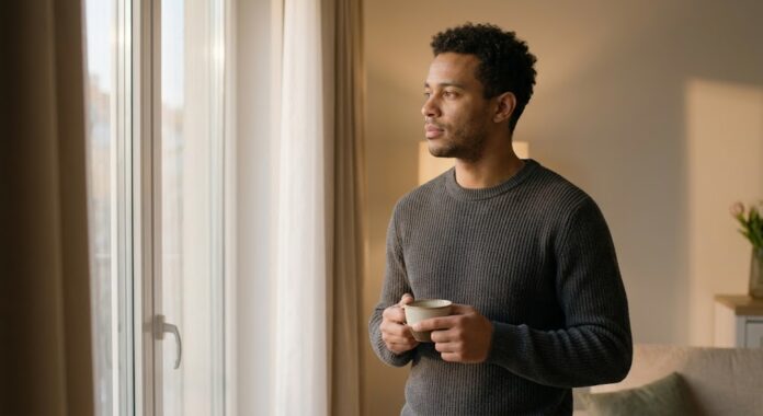 A man with short curly dark hair and a charcoal sweater standing near a window, holding a coffee cup and looking out with a pensive, reflective expression during warm late afternoon light.