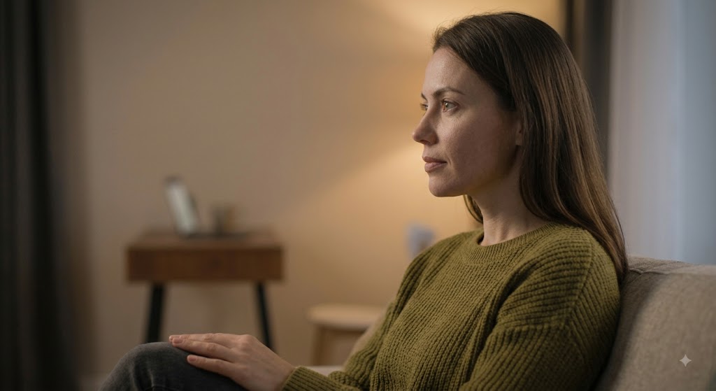 A medium close-up of the woman in the olive green sweater, looking thoughtfully observant in soft evening light, illustrating internal intuition.