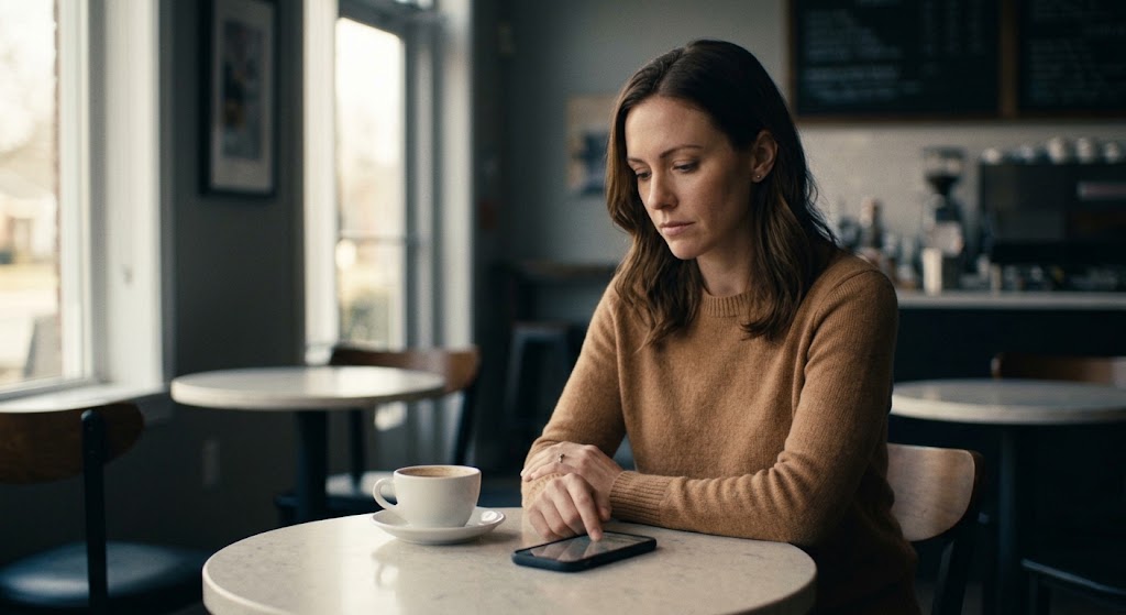 A woman sitting in a cafe looking at a phone, representing waiting for promises in a relationship.