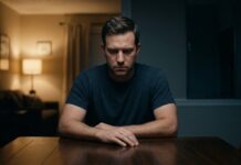 A man sitting at a dimly lit wooden table looking conflicted, caught between two distinct paths represented by soft warm light and cool distant background tones.