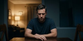 A man sitting at a dimly lit wooden table looking conflicted, caught between two distinct paths represented by soft warm light and cool distant background tones.