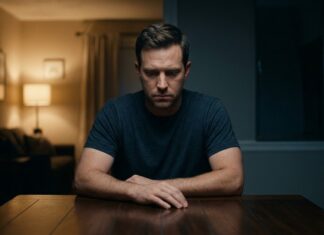 A man sitting at a dimly lit wooden table looking conflicted, caught between two distinct paths represented by soft warm light and cool distant background tones.