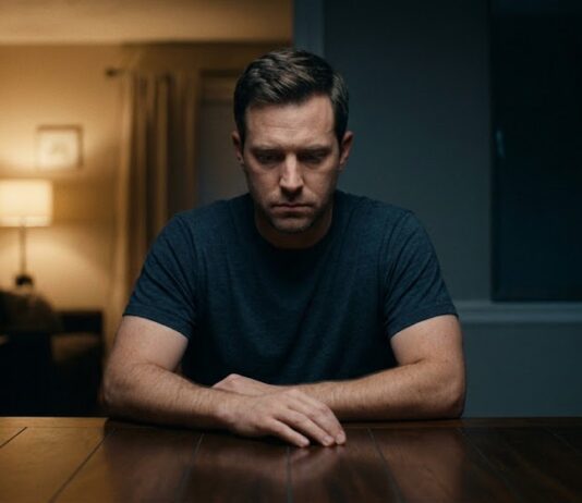A man sitting at a dimly lit wooden table looking conflicted, caught between two distinct paths represented by soft warm light and cool distant background tones.