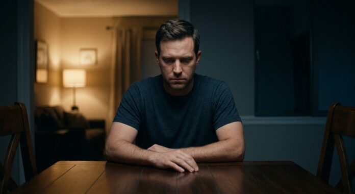A man sitting at a dimly lit wooden table looking conflicted, caught between two distinct paths represented by soft warm light and cool distant background tones.