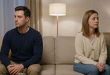 A man and woman sitting at opposite ends of a long living room couch in soft evening lamp light, looking away thoughtfully to capture emotional distance.