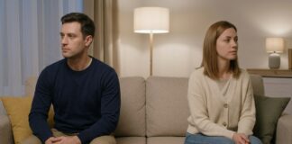 A man and woman sitting at opposite ends of a long living room couch in soft evening lamp light, looking away thoughtfully to capture emotional distance.