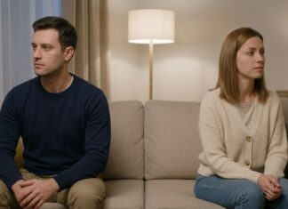 A man and woman sitting at opposite ends of a long living room couch in soft evening lamp light, looking away thoughtfully to capture emotional distance.