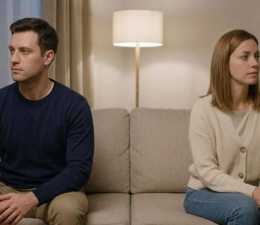 A man and woman sitting at opposite ends of a long living room couch in soft evening lamp light, looking away thoughtfully to capture emotional distance.