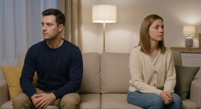 A man and woman sitting at opposite ends of a long living room couch in soft evening lamp light, looking away thoughtfully to capture emotional distance.