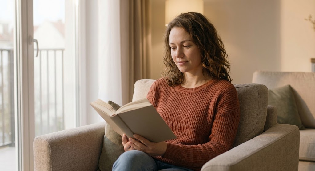 The new woman with wavy brown hair, sitting peacefully in a sunlit armchair, reading a book with a confident, calm expression, demonstrating self-assurance and emotional independence.