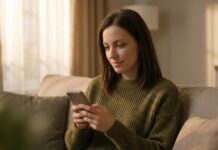 A woman sitting on a couch glancing down at a phone screen with a thoughtful, curious expression, while warm evening light fills the room.