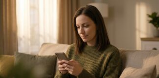A woman sitting on a couch glancing down at a phone screen with a thoughtful, curious expression, while warm evening light fills the room.