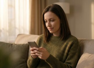A woman sitting on a couch glancing down at a phone screen with a thoughtful, curious expression, while warm evening light fills the room.