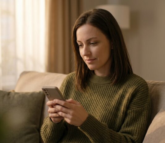 A woman sitting on a couch glancing down at a phone screen with a thoughtful, curious expression, while warm evening light fills the room.