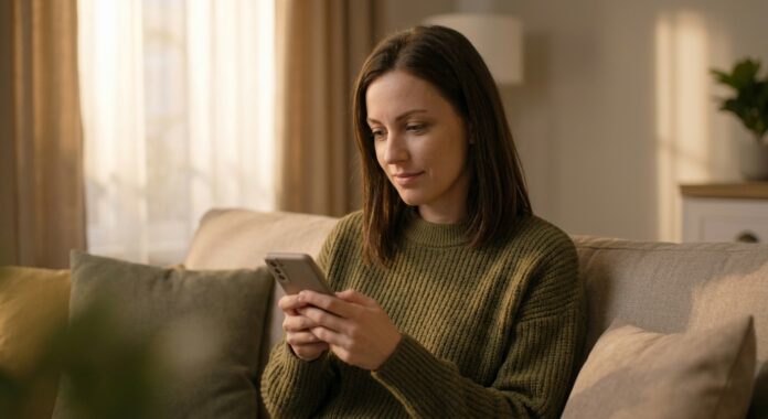 A woman sitting on a couch glancing down at a phone screen with a thoughtful, curious expression, while warm evening light fills the room.