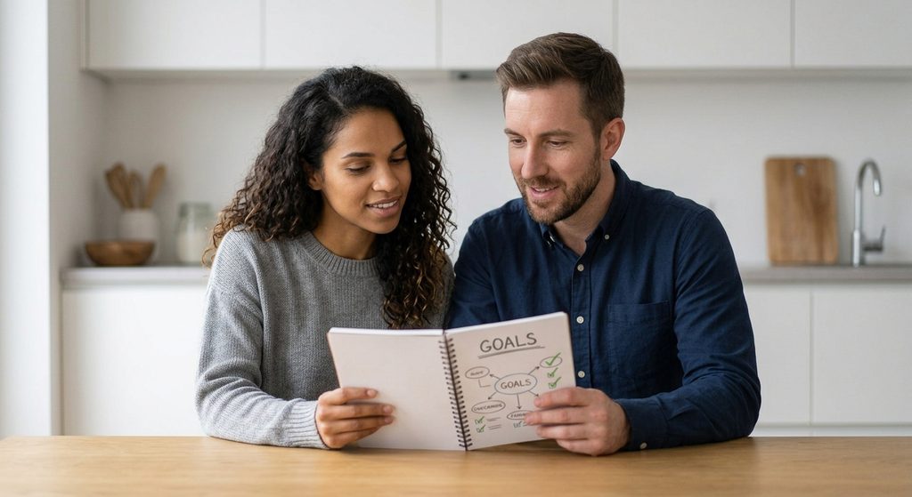 The specific couple from the header sits closely at a kitchen table, smiling as they review a shared goals notebook with diagrams and checkmarks, symbolizing alignment on fundamental values in soft morning light.
