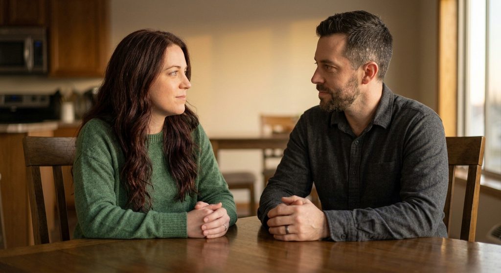 A couple sitting across from each other at a table, having an open, honest relationship conversation.