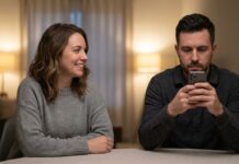 A man looks intently at his smartphone, completely absorbed, while a woman sits opposite him at a dining table, looking toward him with a warm, open expression and a quiet, disconnected gap between them.