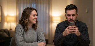 A man looks intently at his smartphone, completely absorbed, while a woman sits opposite him at a dining table, looking toward him with a warm, open expression and a quiet, disconnected gap between them.