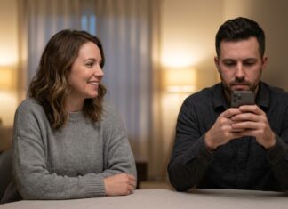 A man looks intently at his smartphone, completely absorbed, while a woman sits opposite him at a dining table, looking toward him with a warm, open expression and a quiet, disconnected gap between them.