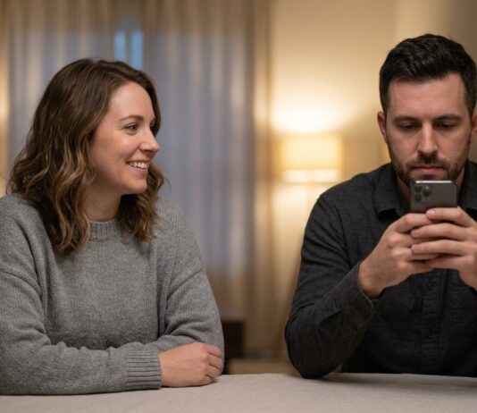 A man looks intently at his smartphone, completely absorbed, while a woman sits opposite him at a dining table, looking toward him with a warm, open expression and a quiet, disconnected gap between them.
